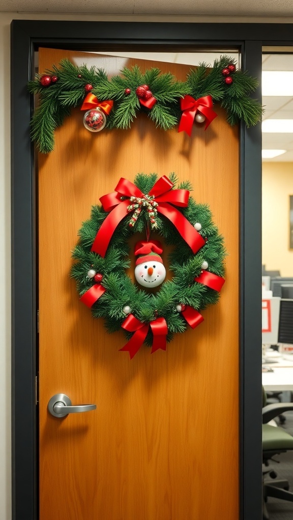 An office door decorated for Christmas with a wreath, snowman hanger, and garland.